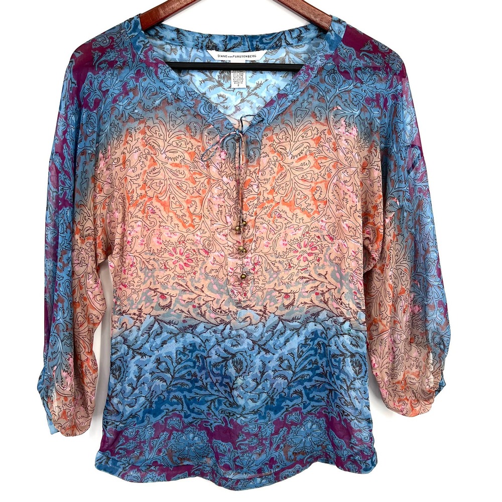 Diane Von Furstenberg Blue Peach Paisley Tie-Neck Blouse